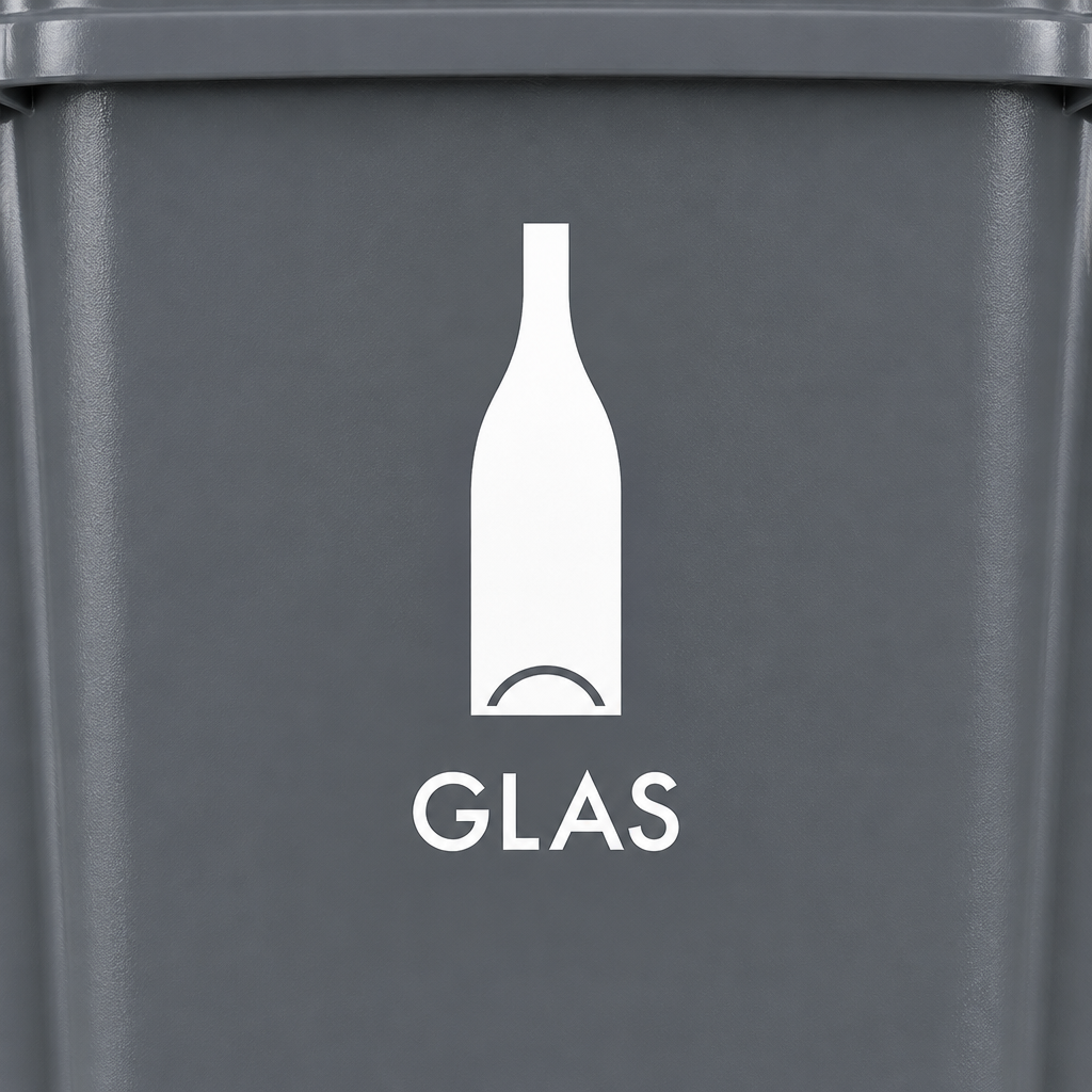 Nærbillede af hvidt flaskemotiv og teksten GLAS uden baggrund