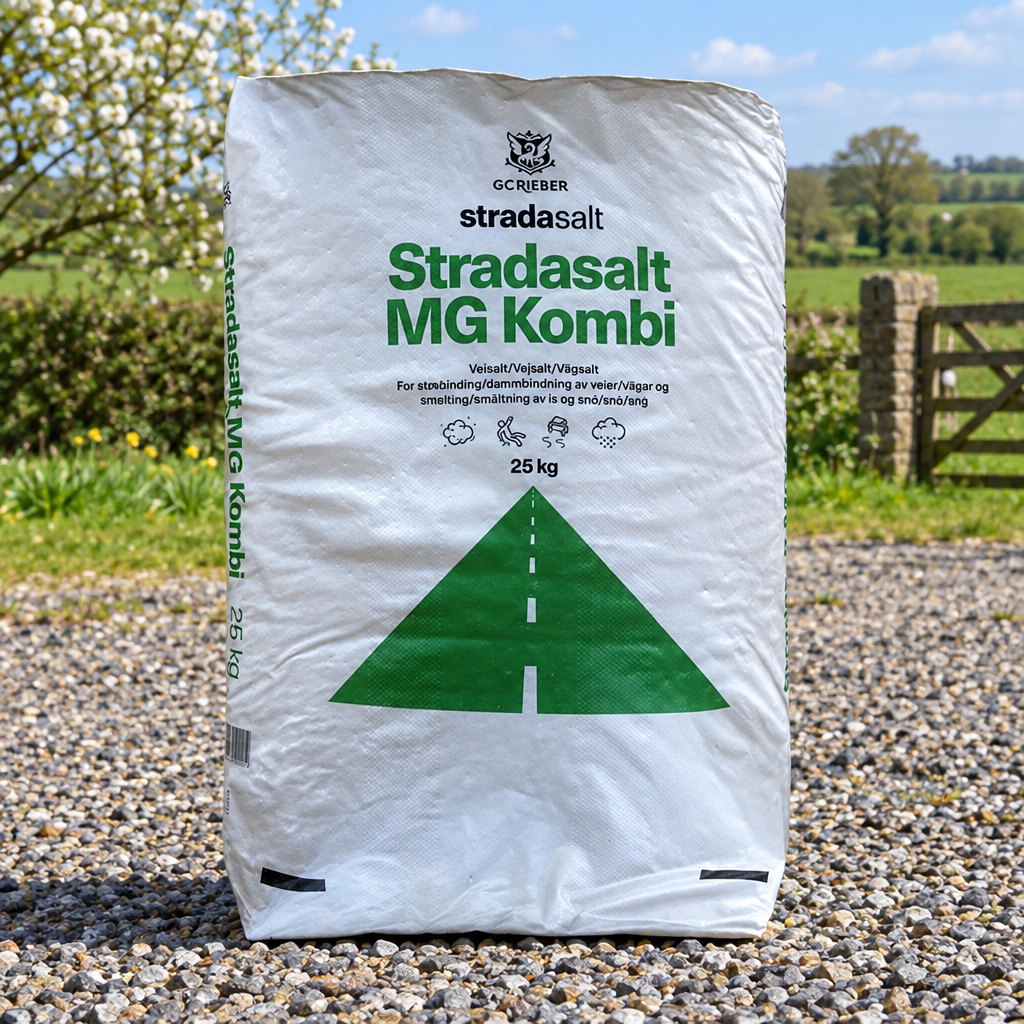 Stradasalt MG Kombi 25 kg sæk på grusareal i forårsmiljø