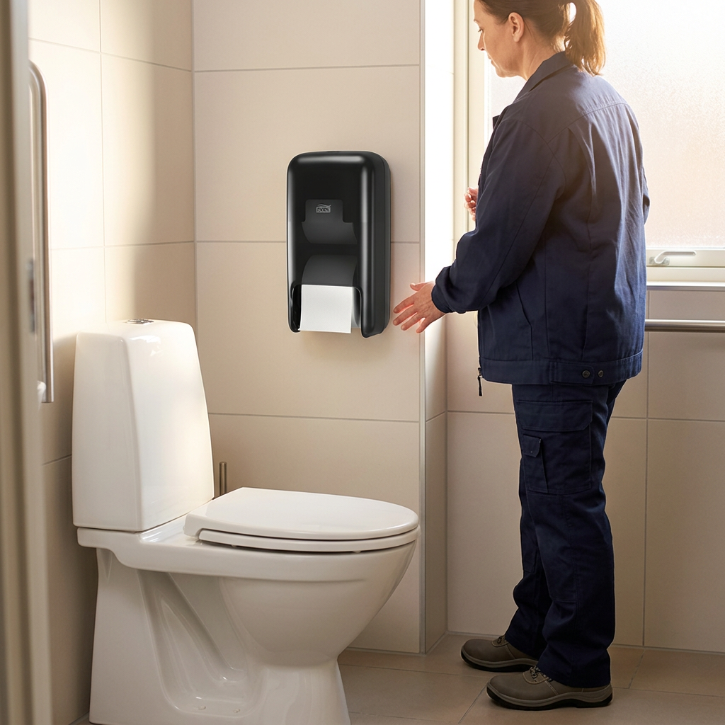 Medarbejder efterser sort Tork OptiServe toiletpapirdispenser i sollyst toiletrum