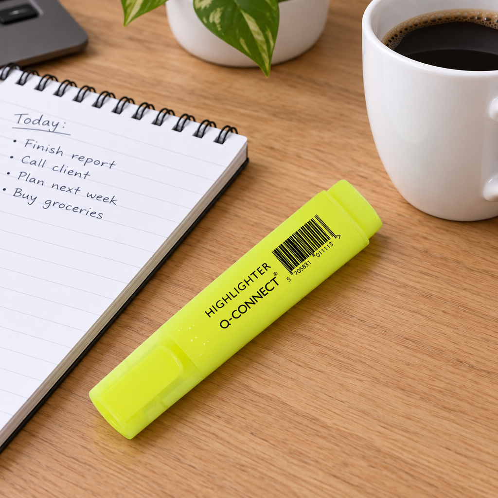 Gul Q-Connect highlighter ved notesbog og kaffekop på hjemmekontor, genereret miljøbillede