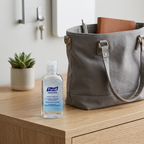 Purell Advanced 100 ml ved grå arbejdstaske på træbord, tasken er ikke inkluderet