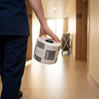 Medarbejder bærer Katrin Plus System toiletpapirrulle gennem solbelyst servicegang