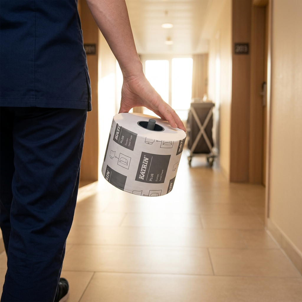 Medarbejder bærer Katrin Plus System toiletpapirrulle gennem solbelyst servicegang