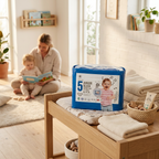 REMA 1000 Junior 5 blepakke på puslebord i solrigt hjem