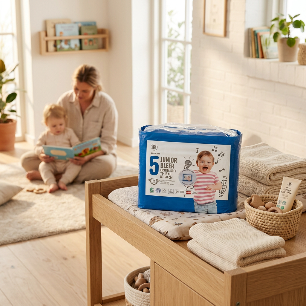 REMA 1000 Junior 5 blepakke på puslebord i solrigt hjem