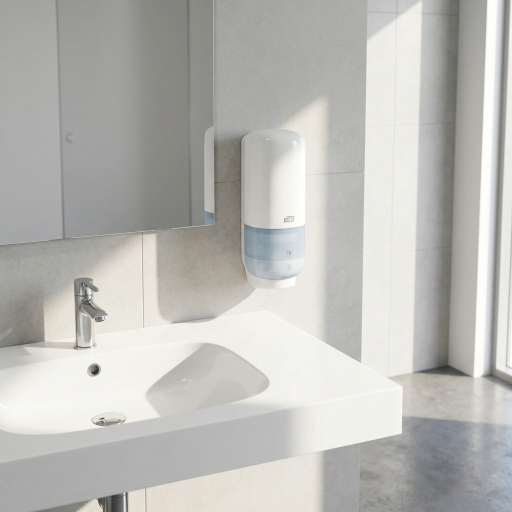 Hvid Tork S4 TouchFree 561600-dispenser ved en solbelyst håndvask