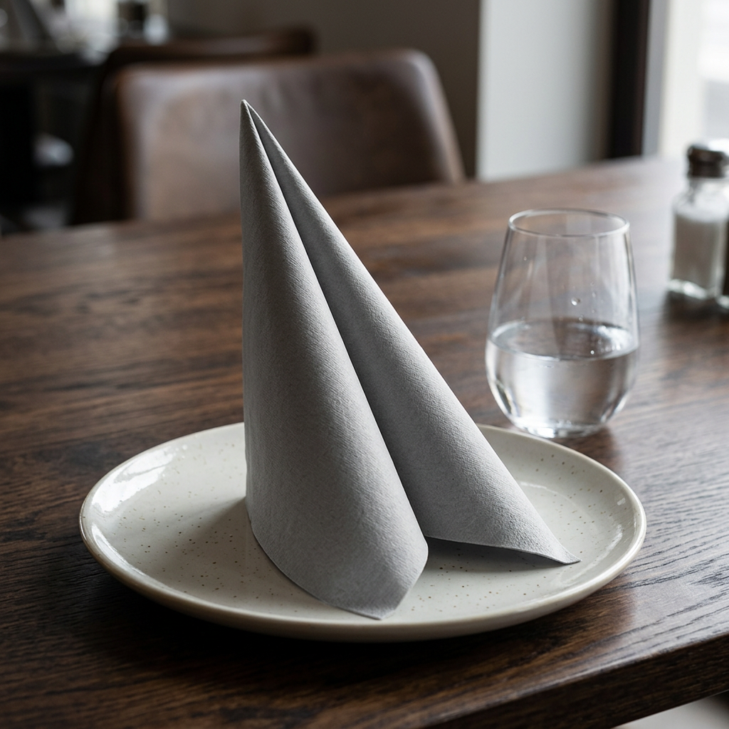 Grå airlaid-serviet med stående fold på restaurantbord