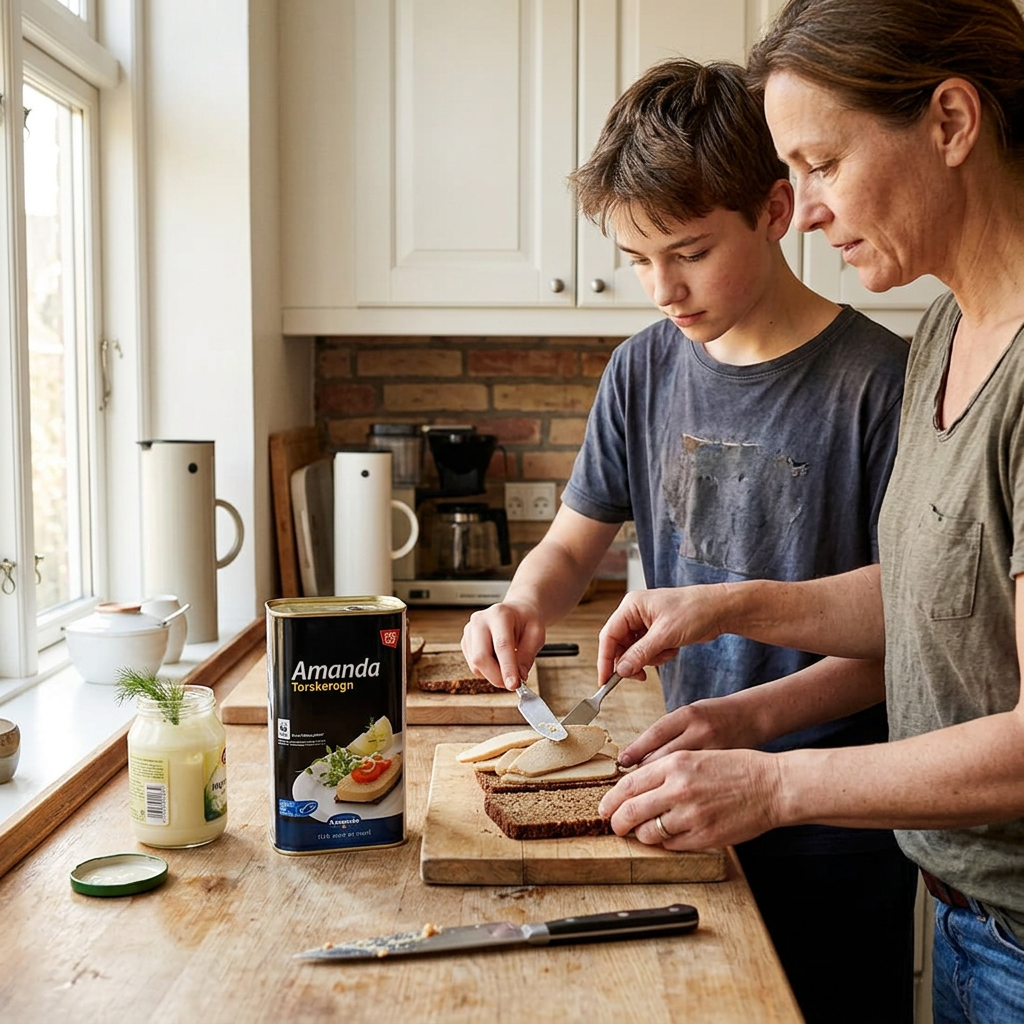Voksen og teenager tilbereder rugbrødsmadder med torskerogn
