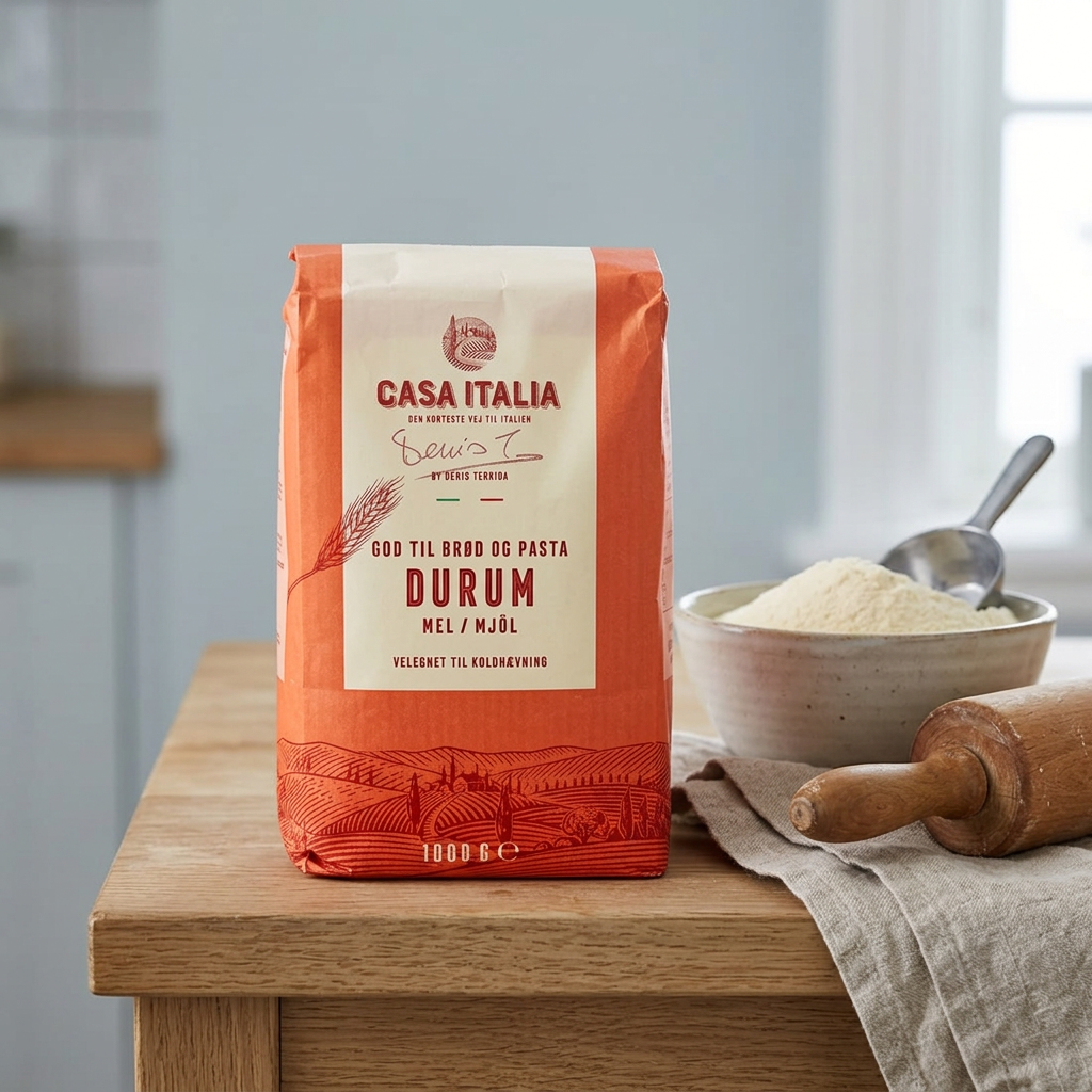 Casa Italia-durummel på køkkenbord ved mel og kagerulle