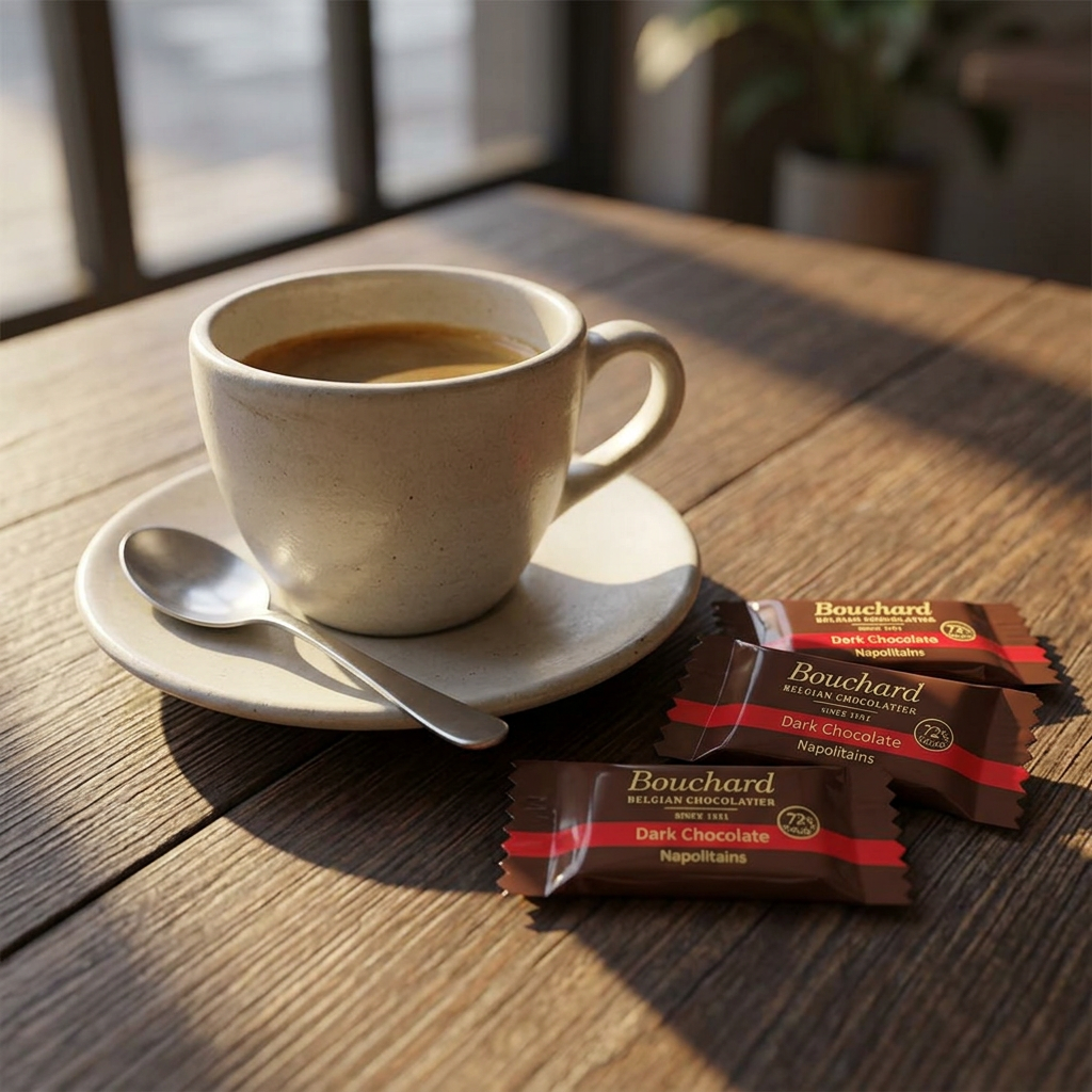 Bouchard mørk 72 % kuvertchokolade med kaffekop på træbord