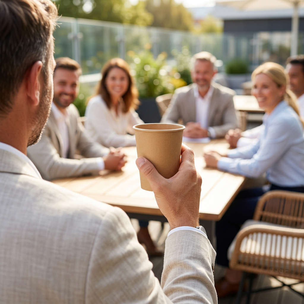 Voksen med brunt kaffebæger uden tryk under møde på solrig firmaterrasse