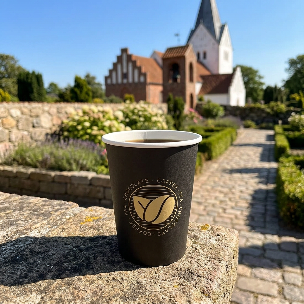 Sort Beans kaffebæger med kaffe på solrig stenkant ved kirke