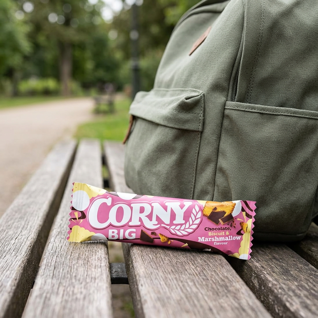 Corny Big Marshmallow og Biscuit ved rygsæk på parkbænk, stemningsbillede