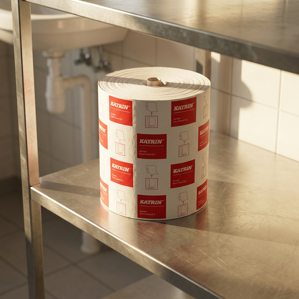 Katrin System-håndklæderulle i sollys på en lagerhylde. Miljøbillede; salgsenheden er 6 ruller.