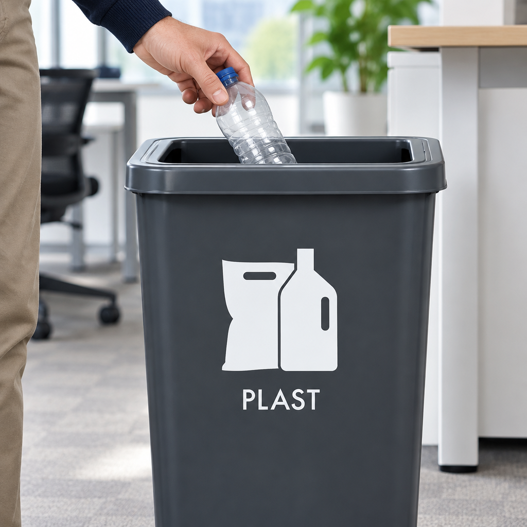 Person lægger plastflaske i beholder med hvidt PLAST-piktogram uden baggrund