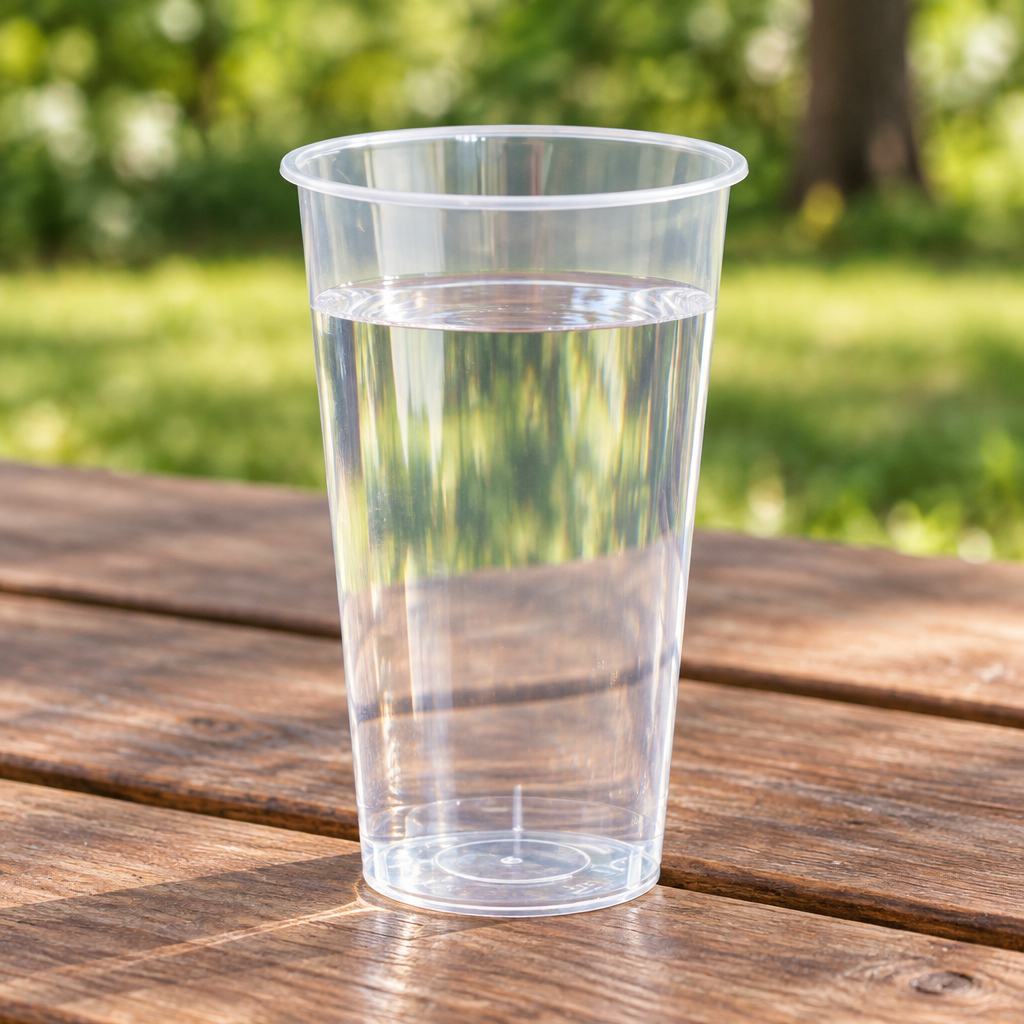 Klart PP-drikkeglas med vand på picnicbord