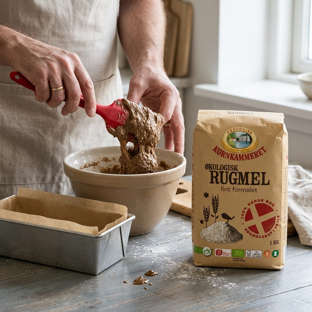 Rugbrødsdej løftes med en dejskraber ved bageform og Kornkammeret rugmel