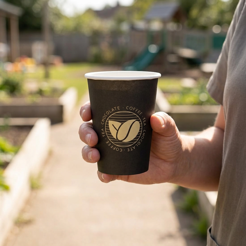 Voksen holder Beans kaffebæger ved solrig institutionshave