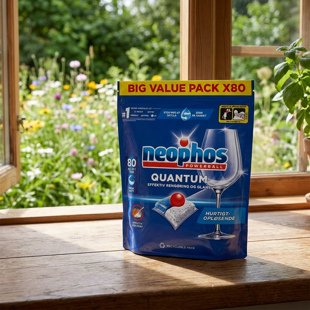 Neophos Quantum 80 tabs på bord i lyst sommerhuskøkken