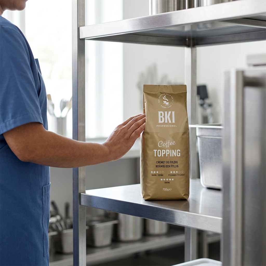 Voksen klargør hylde med BKI Coffee Topping, stemningsbillede