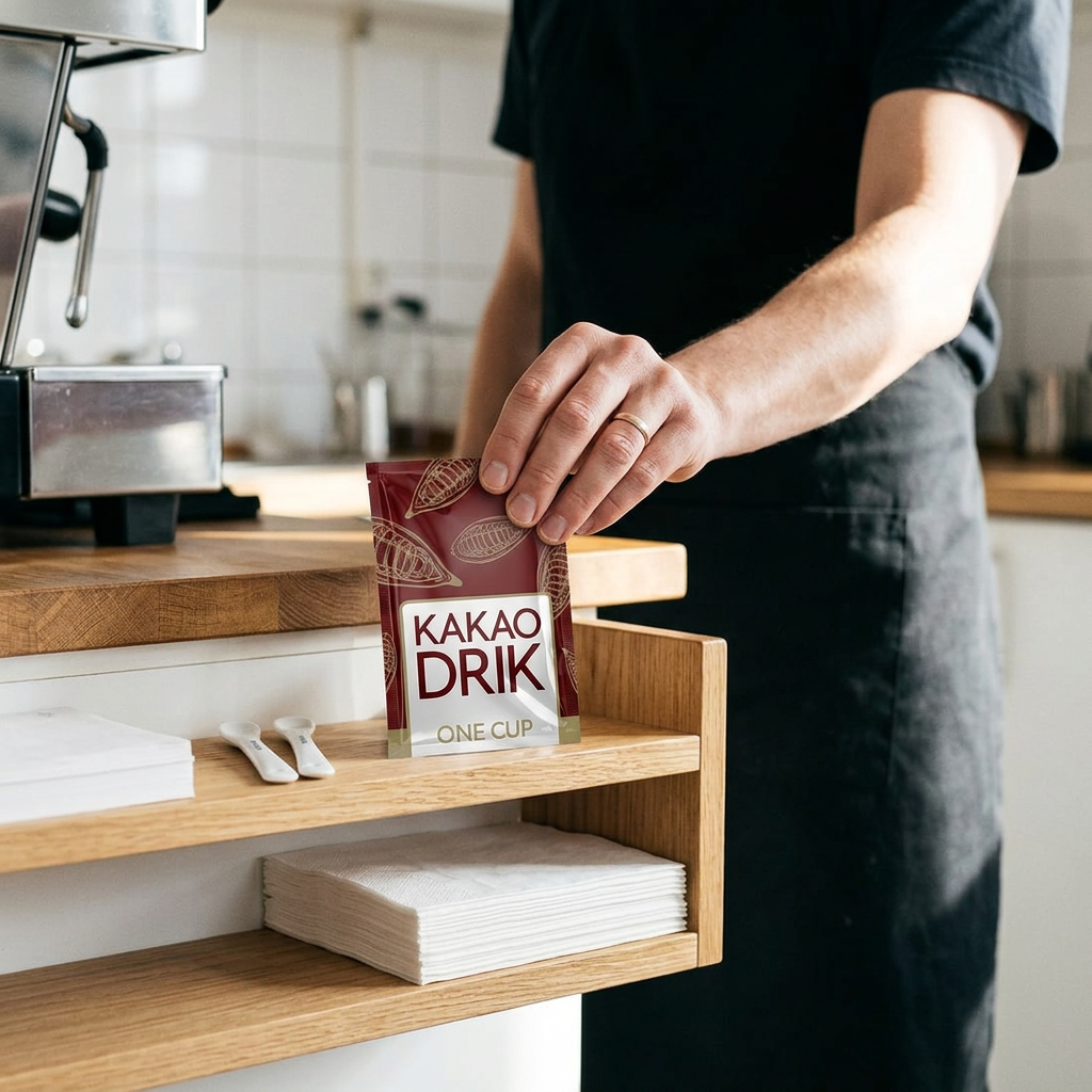 Voksen klargør et kakaobrev ved kaffestationen, stemningsbillede
