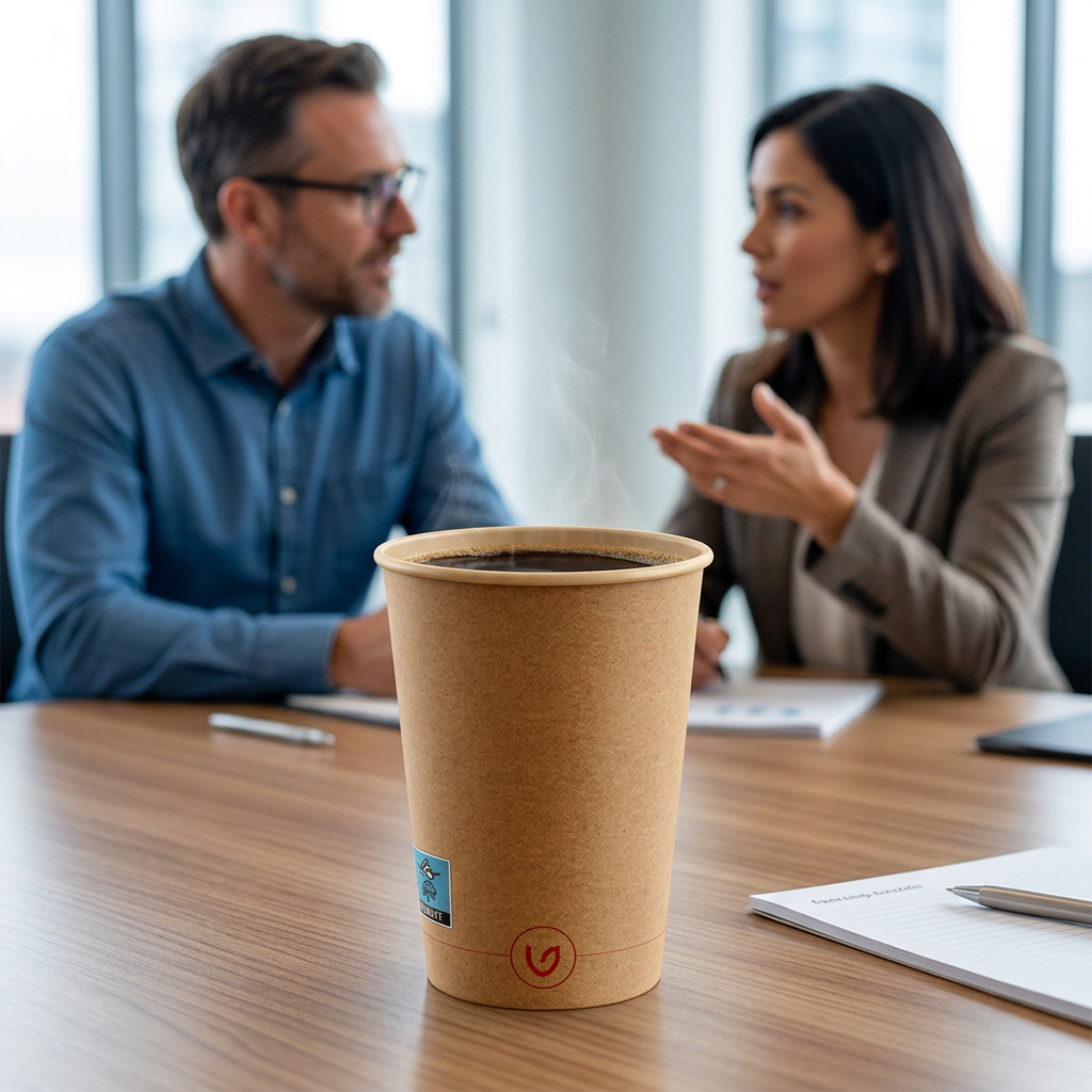 Verive-kaffebæger med kaffe på mødebord med to voksne kolleger i baggrunden