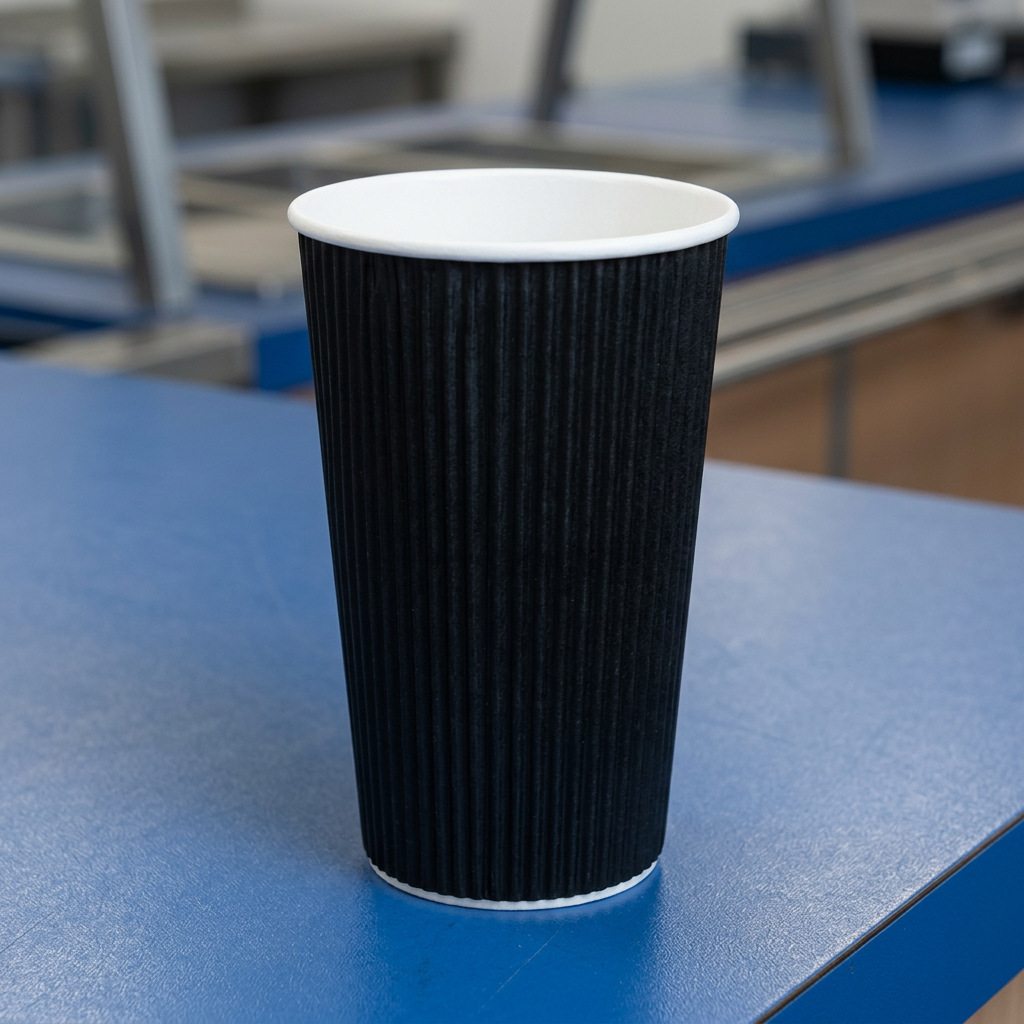 Sort Ripple Wall kaffebæger 40 cl på blå bordplade i kantine