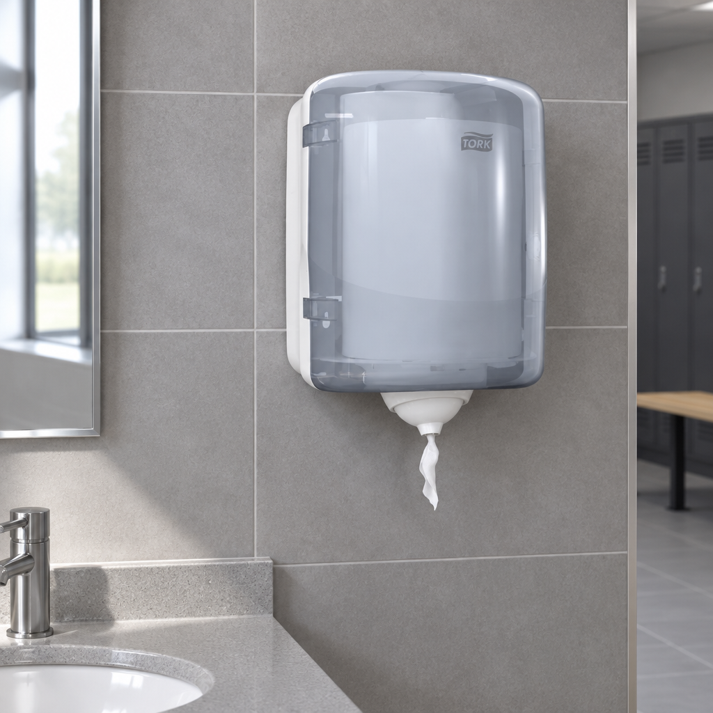 Hvid Tork M4 Reflex-dispenser ved vask i sportshallens servicerum