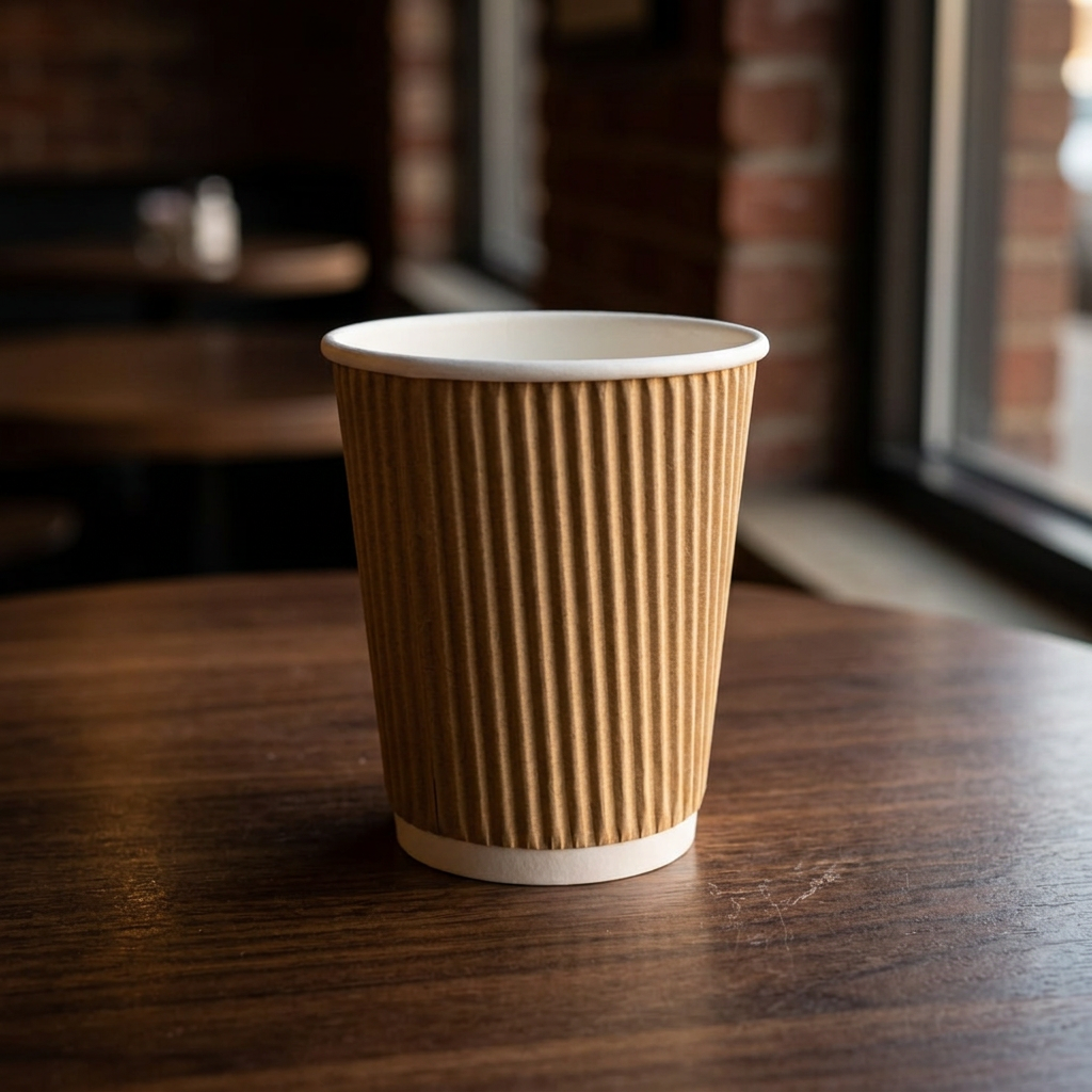 Brunt Ripple-Wrap kaffebæger 24 cl på mørkt cafébord ved vindue