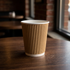 Brunt Ripple-Wrap kaffebæger 24 cl på mørkt cafébord ved vindue