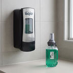 GOJO ADX-7 hånd/bad-dispenser 2503 med grøn refill 2264 på et servicebord