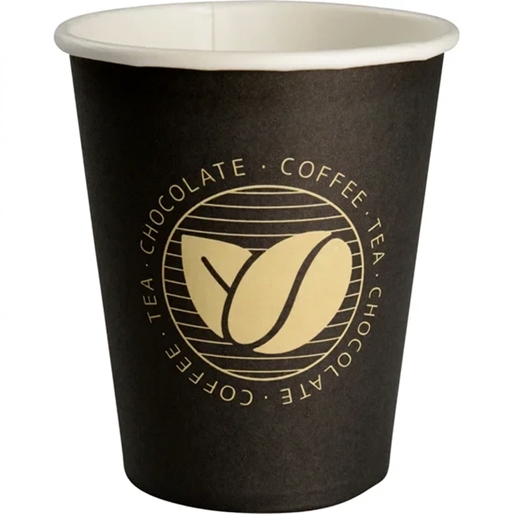 Sort ABENA Gastro Beans kaffebæger med gyldent motiv på hvid baggrund