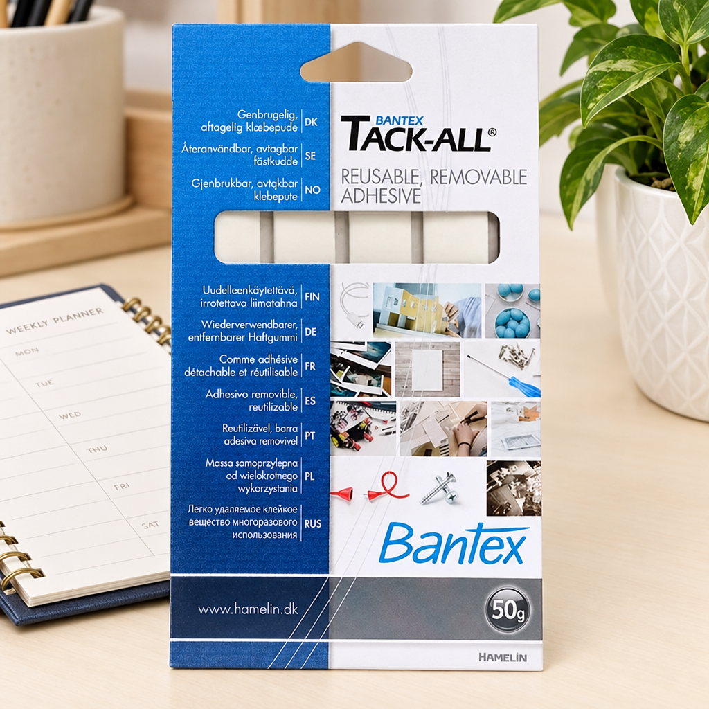 Bantex Tack-All hæftemasse ved kalender og plante i hjemmekontor, genereret miljøbillede