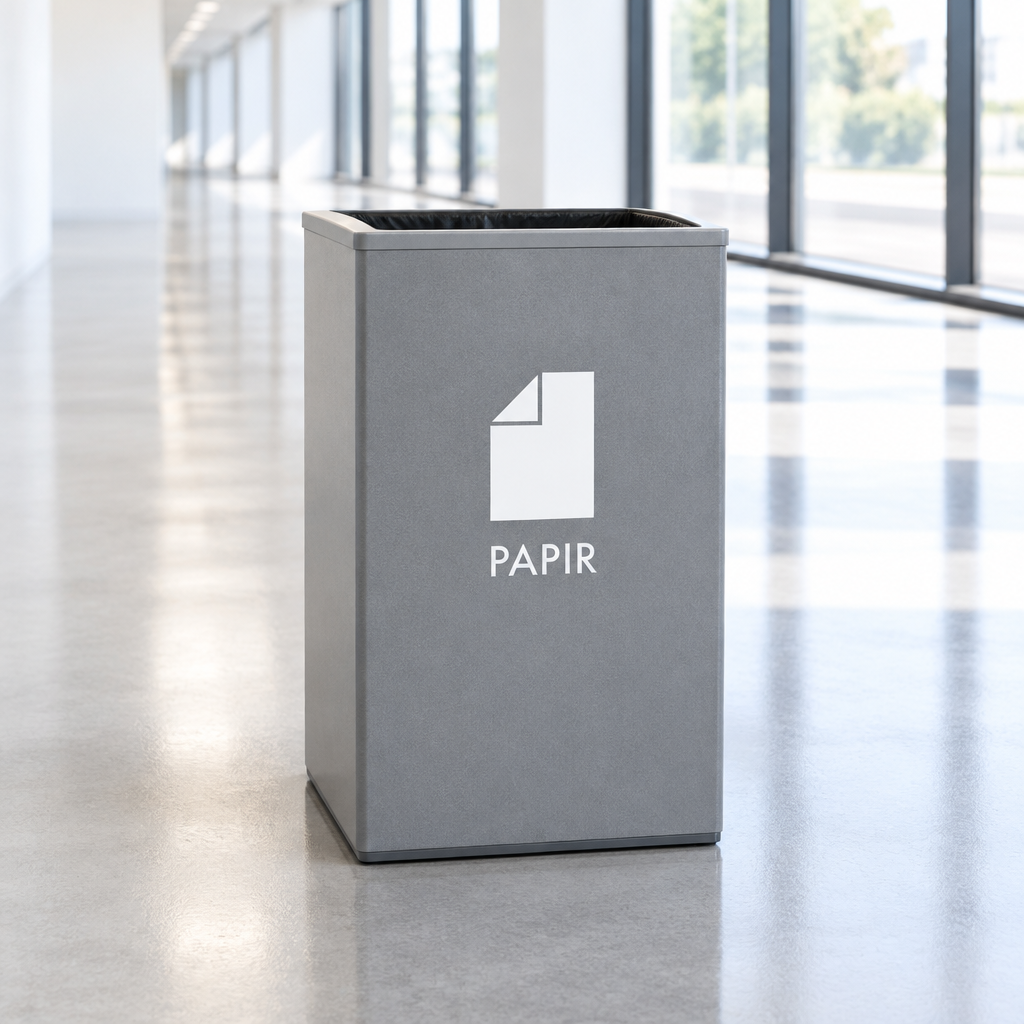 Grå papirbeholder med hvid mærkning uden baggrund i gang