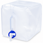 Sammenklappelig vanddunk på 10 liter med blå og hvid taphane på hvid baggrund