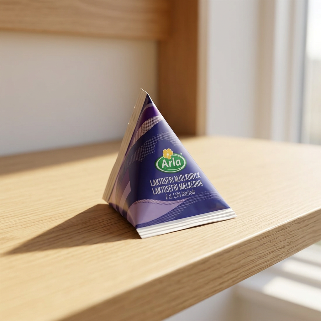 Stemningsbillede med Arla laktosefri portionsmælk på en hylde