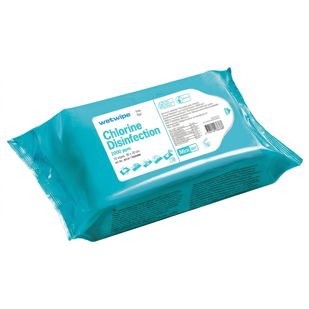 Wet Wipe Klorin Mini 60132 i turkis pakke med 10 klude à 30 × 20 cm på hvid baggrund