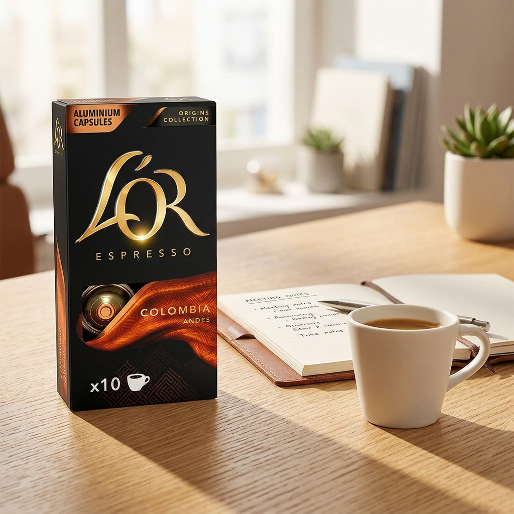 L’OR Colombia ved kaffe og notesbog i naturligt sollys