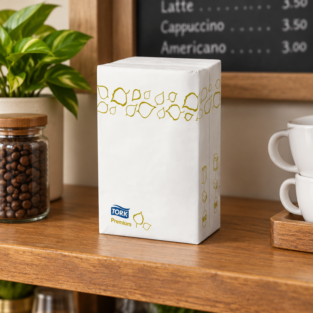 Tork Premium servietpakke på caféhylde, stemningsbillede