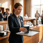 Voksen medarbejder placerer sort kaffebæger med motiv på serveringsbakke