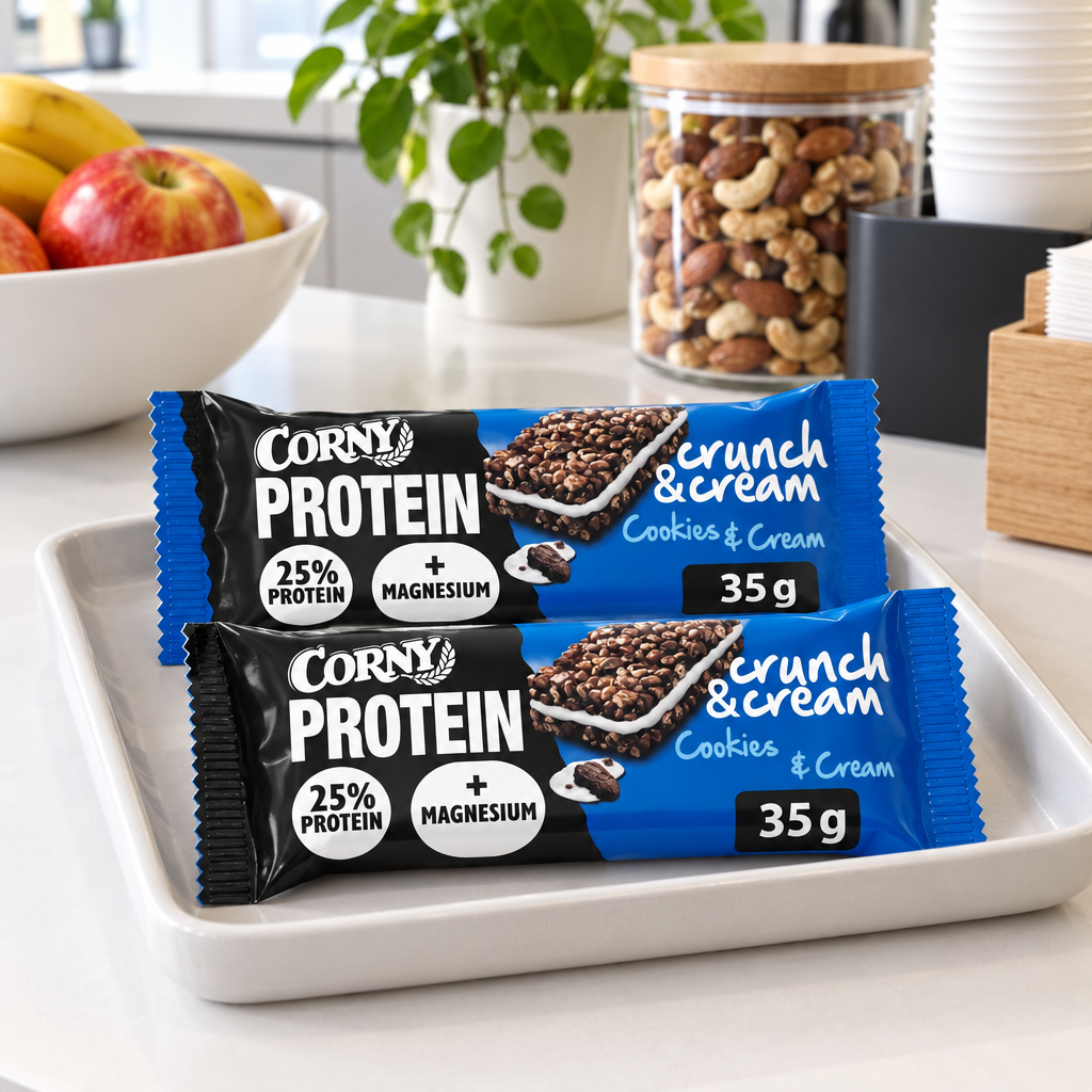 Stemningsillustration af portionspakkede Corny Protein Cookies & Cream barer på serveringsbakke