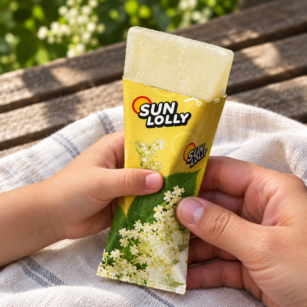 Nærbillede af Sun Lolly Hyldeblomst-is i barnets og forælderens hænder