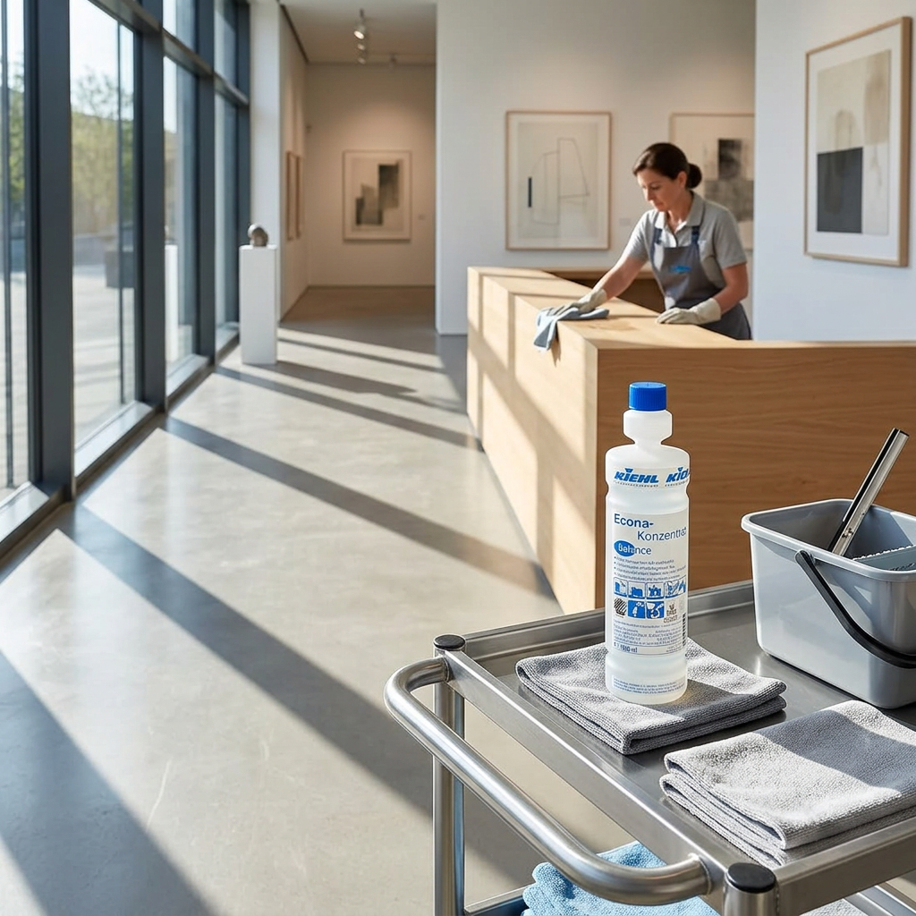 Kiehl Econa balance på rengøringsvogn ved solrig gallerireception med aftørring i baggrunden, stemningsbillede