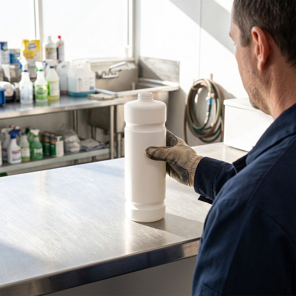 Medarbejder stiller Kiehl refillflaske uden låg på arbejdsbord