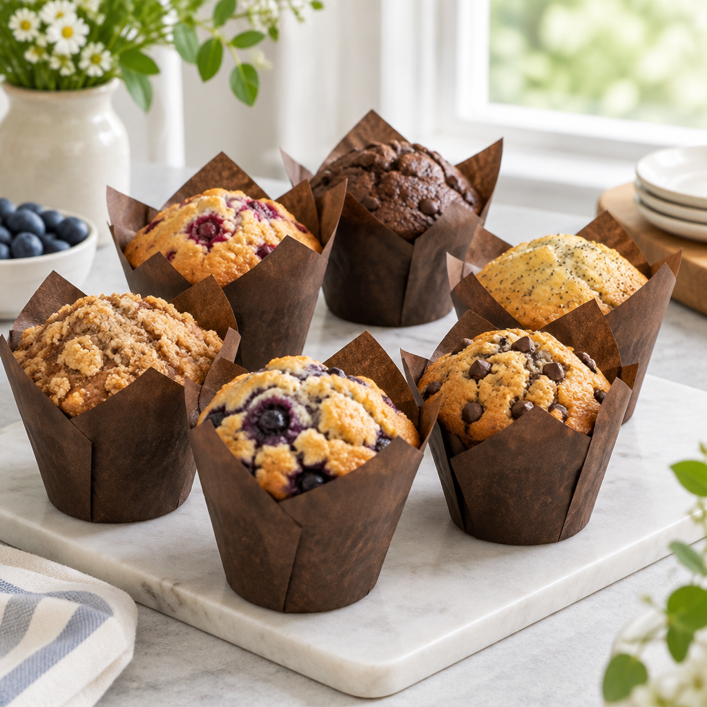 Stemningsbillede af muffins i tulipanformede papirforme, ikke foto af de konkrete muffinsforme