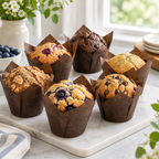 Stemningsbillede af muffins i tulipanformede papirforme, ikke foto af de konkrete muffinsforme
