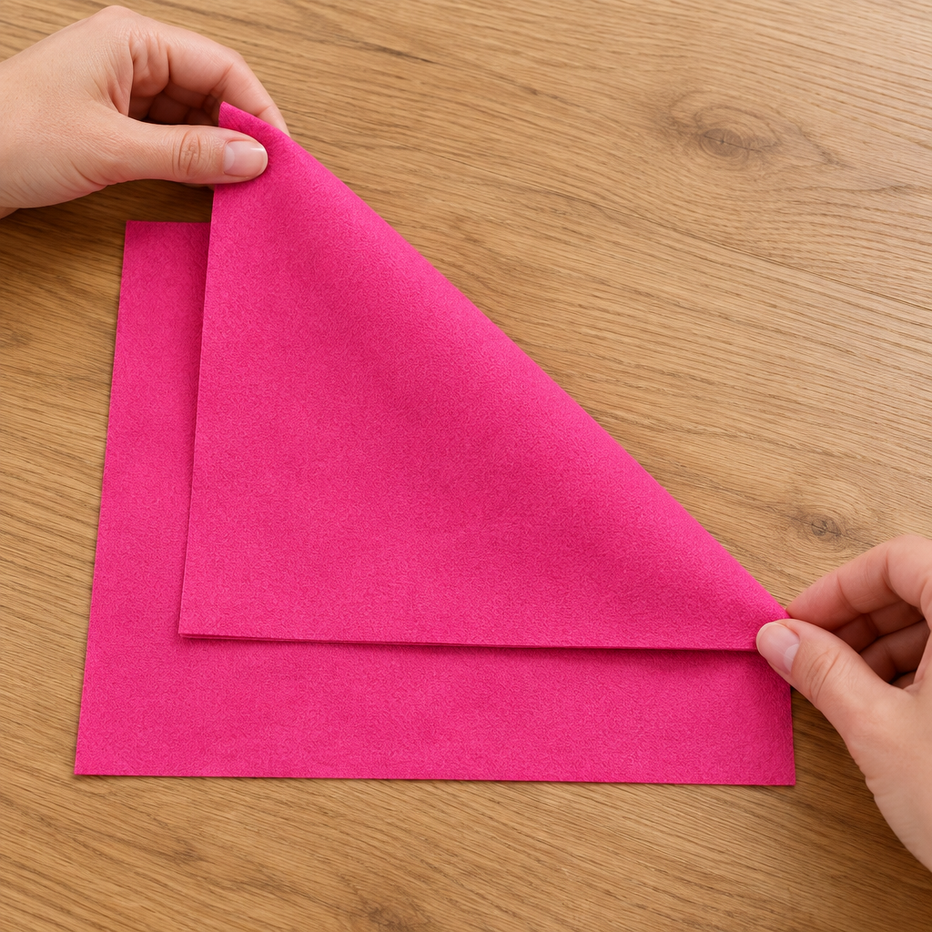 Hænder folder en pink Airlaid-serviet på et træbord