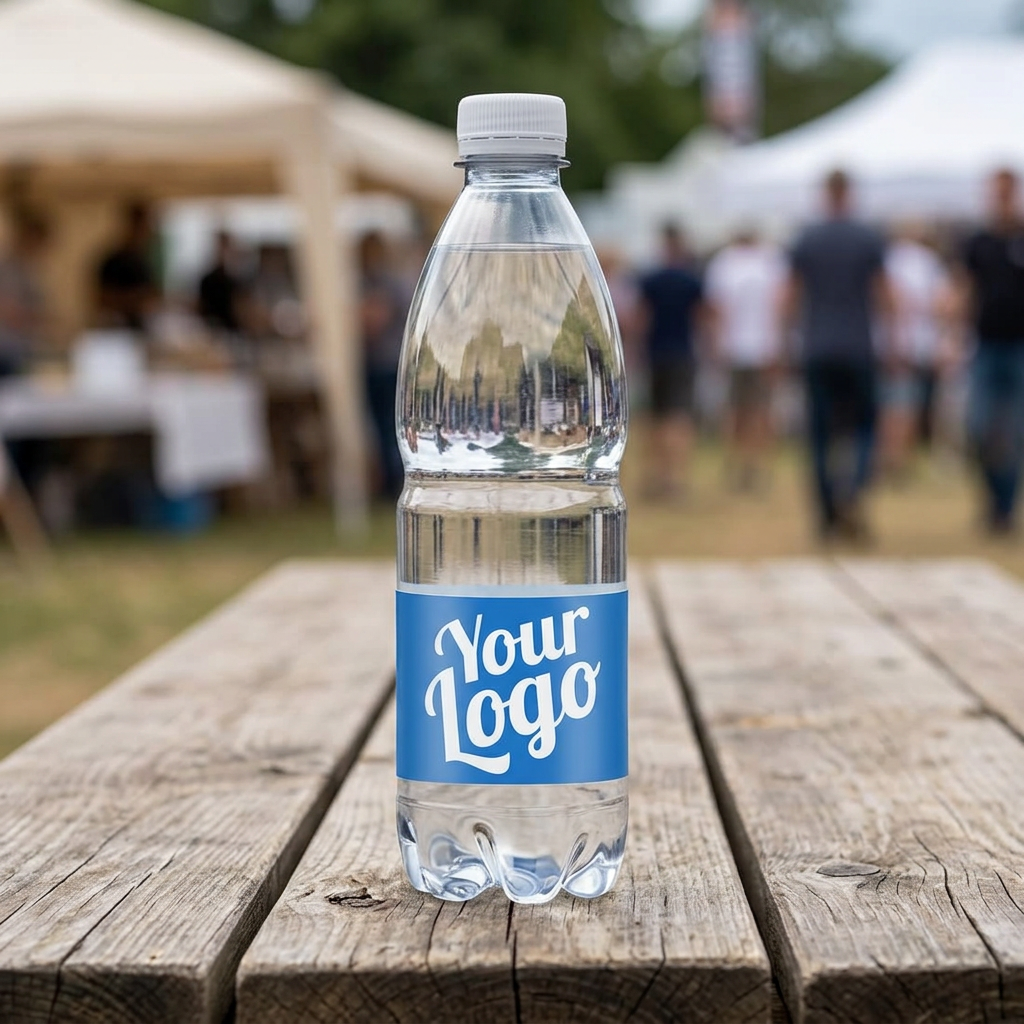 Logovand 0,5 liter på træbord ved udendørs arrangement