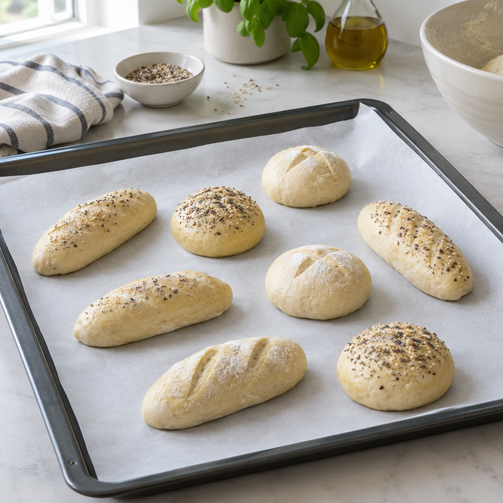 Stemningsbillede af bagepapir og ubagte boller på bageplade, ikke foto af det konkrete bagepapir