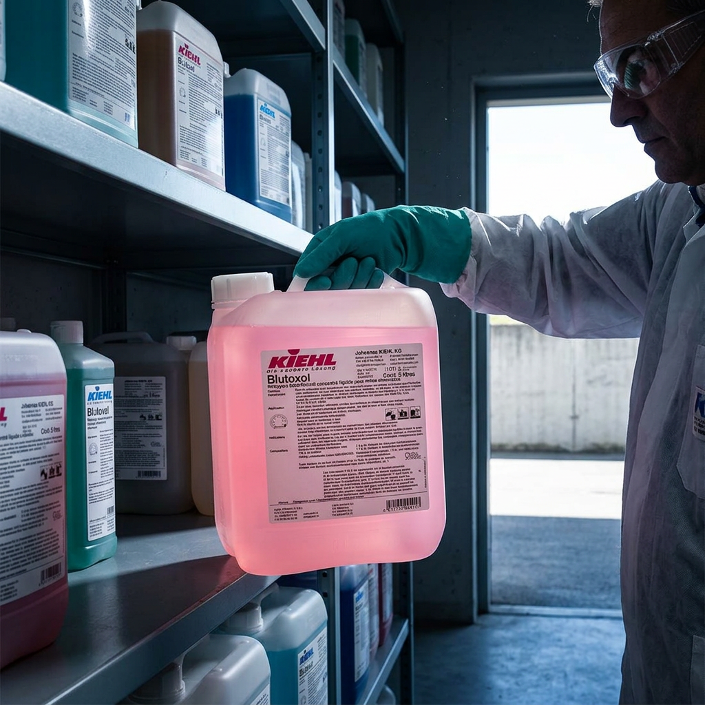 Stemningsbillede af voksen medarbejder med lukket Blutoxol 5 L ved rengøringshylde; øvrige varer medfølger ikke
